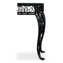Wrought iron table / bedside table with black glass top.